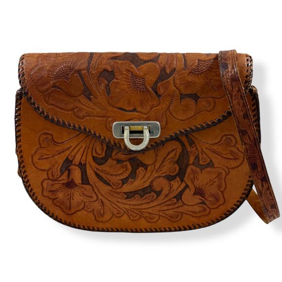 1950's cowgirl horseshoe buckle floral tooled leather handbag - Picture 3 of 12